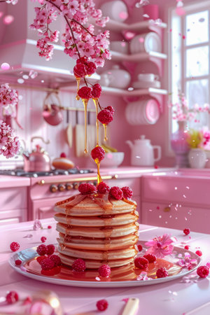 Delicious Pancake Stack Drizzled with Golden Syrup amidst a Pink Blossom Decorated Kitchen Scene AI Generativeの素材