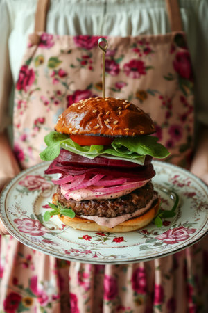 Gourmet Homemade Beef Burger with Lettuce and Onion on Vintage Floral Plate Held by Person in Apron AI Generativeの素材