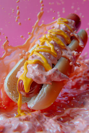 Delicious Hot Dog with Mustard and Ketchup Splashes on Vibrant Pink Background Fast Food Concept AI Generativeの素材