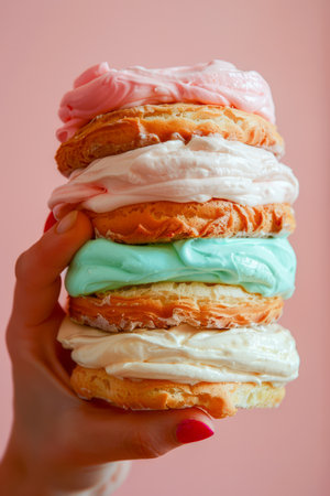 Woman Holding Colorful Tower of Macaron Ice Cream Sandwiches on Pink Background AI Generativeの素材