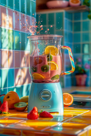 Colorful Fresh Fruit Smoothie Splashing In Blender On Sunny Kitchen Counter AI Generativeの素材