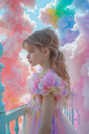 Dreamy Portrait of a Young Woman in a Pastel Fantasy Setting with Vibrant Clouds AI Generativeの素材