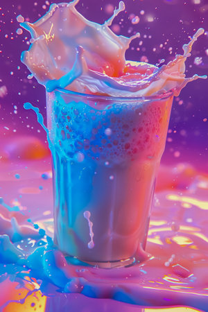 Vibrant Neon Colored Splash from Milkshake in Glass Against Purple Background AI Generativeの素材