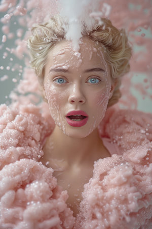 Surprised Young Woman in Pink Ruffled Outfit with Powder Snow Effect on Pastel Background AI Generativeの素材