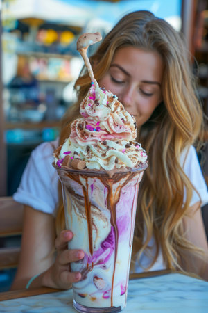 Young Woman Enjoying a Giant Gourmet Milkshake with Whipped Cream and Sprinkles at a Cafe Terrace AI Generativeの素材