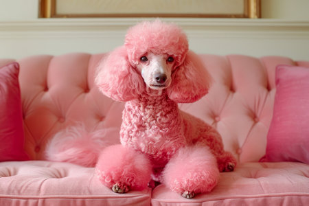 Adorable Pink Poodle Sitting Elegantly on a Matching Pink Sofa in a Chic Interior AI Generativeの素材