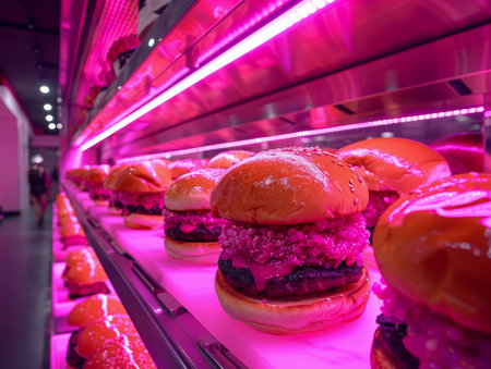Row of Delicious Burgers under Pink Neon Light in a Modern Fast Food Restaurant Display AI Generativeの素材