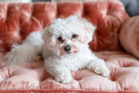 Adorable Fluffy White Bichon Frise Dog Relaxing on a Pink Velvet Sofa Cushion Indoors AI Generativeの素材
