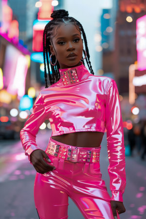 Fashionable Young Woman in Vibrant Pink Outfit Posing in Urban Night Scene with Neon Lights AI Generativeの素材