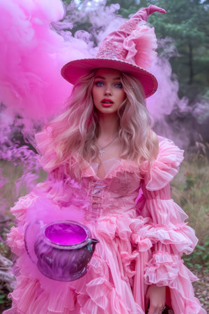 Enchanted Forest Witch Concept with Beautiful Woman in Pink Dress and Magical Smoke AI Generativeの素材