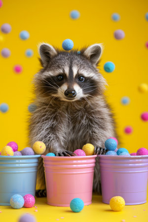 Adorable Raccoon Surrounded by Colorful Balls on Bright Yellow Background Cute Wildlife Concept AI Generativeの素材