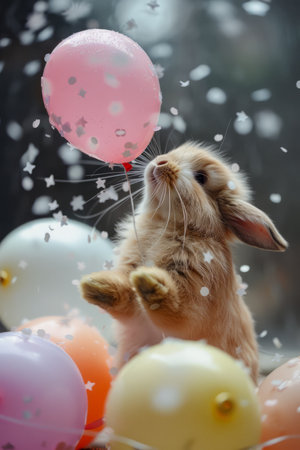 Adorable Bunny with Pink Balloon Surrounded by Colorful Party Balloons and Falling Confetti Celebration Theme AI Generativeの素材