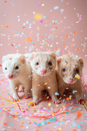 Adorable Trio of Ferrets Celebrating with Confetti and Streamers on a Pink Background AI Generativeの素材
