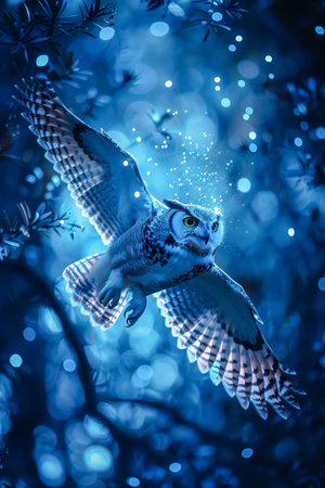 Majestic Owl in Flight Glowing in a Mystical Blue Moonlit Night Sky Among the Trees AI Generativeの素材