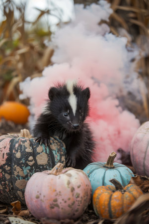Cute Skunk Amongst Colorful Pumpkins and Autumn Leaves with a Pink Smoke Background in a Fall Setting AI Generativeの素材