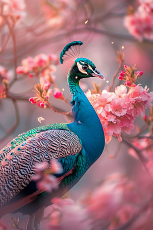 Majestic Peacock Displaying Its Brilliant Plumage Amongst Pink Blossoms in a Dreamy Fantasy Setting AI Generativeの素材