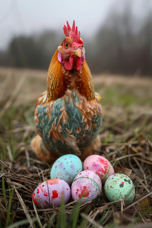 Vibrant and Colorful Painted Easter Eggs with Proud Hen in Natural Outdoor Setting AI Generativeの素材