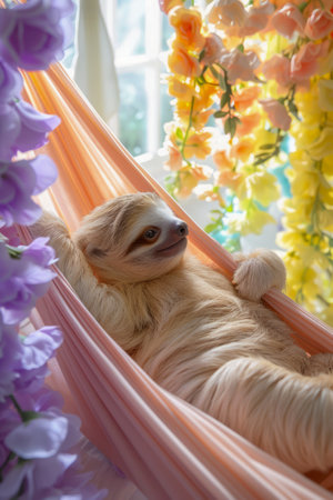 Relaxing Sloth Chilling in a Colorful Hammock Surrounded by Vivid Spring Flowers by a Sunny Window AI Generativeの素材