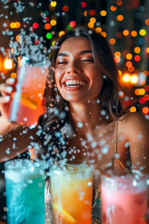 Celebration Cheers Joyful Young Woman with Colorful Cocktails and Snowfall Effects at Festive Party with Bokeh Lights Background AI Generativeの素材