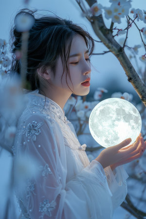 Enigmatic Woman Holding Illuminated Sphere Under Moonlit Cherry Blossoms A Surreal Ethereal Beauty Portrait in a Mystical Night Setting AI Generativeの素材
