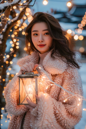 Elegant Young Woman Holding Lantern Surrounded by Twinkling Fairy Lights in Winter Evening AI Generativeの素材
