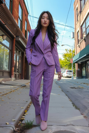 Fashionable Young Woman in Stylish Purple Suit Posing on Urban Street with Confidence AI Generativeの素材