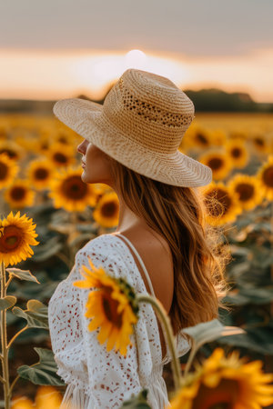 Serene Woman Enjoying Sunset in Lush Sunflower Field with Elegant White Dress and Straw Hat AI Generativeの素材