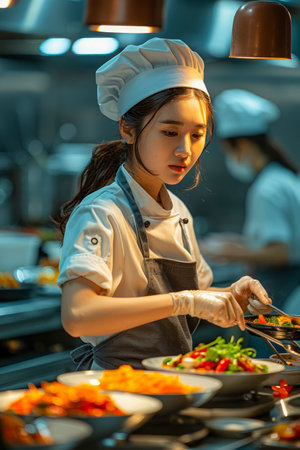 Professional Female Chef Garnishing Food in a Restaurant Kitchen with Focus and Dedication AI Generativeの素材