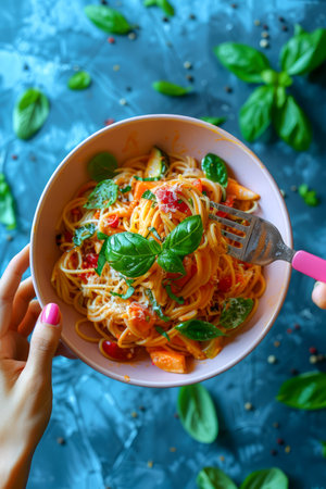 Woman Holding Bowl of Fresh Homemade Tomato Basil Pasta on Blue Textured Background AI Generativeの素材