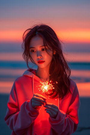 Young Woman Holding Sparkler on the Beach at Sunset, Vibrant Sky and Casual Fashion AI Generativeの素材