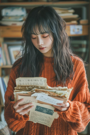 Young Woman in Cozy Sweater Reading Old Letters by Bookshelf in Soft Natural Light AI Generativeの素材