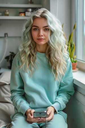 Young Woman with Curly Blonde Hair Texting on Smartphone at Home, Comfortable Casual Wear, Modern Lifestyle AI Generativeの素材