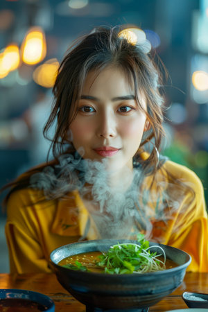 Young Asian Woman Enjoying a Steamy Bowl of Traditional Soup in a Cozy Restaurant Setting, Warm Indoor Lighting AI Generativeの素材