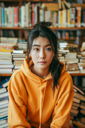 Young Asian Woman in Orange Hoodie Contemplating Surrounded by Bookshelves in a Cozy Library Setting AI Generativeの素材