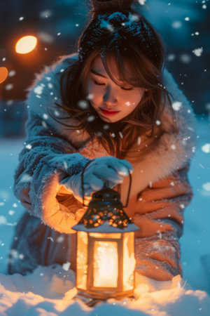 Young Woman Holding Lantern in Snowy Evening, Warm Winter Clothing, Magical Nighttime Atmosphere, Snowflakes Falling, Holiday Season Wonder AI Generativeの素材