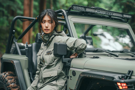 Confident Young Woman in Military Style Clothing Posing with Off Road Vehicle in Lush Forest AI Generativeの素材
