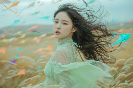 Ethereal Woman in Flowing Dress Amidst Windy Field with Flying Papers, Dreamy and Surreal Portrait in Nature AI Generativeの素材