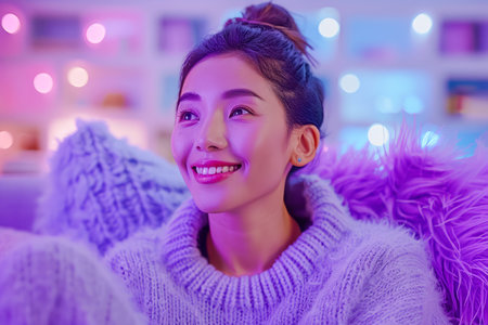 Portrait of a Smiling Young Woman in Cozy Sweater with Festive Lights Bokeh Background Winter Lifestyle and Happiness Concept AI Generativeの素材