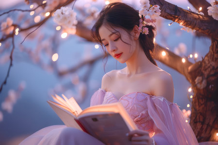 Serene Young Woman Reading a Book Under Cherry Blossom Tree with Soft Illuminated Lights AI Generativeの素材
