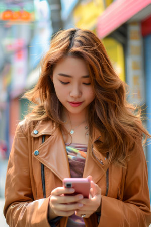 Young Woman in Leather Jacket Texting on Smartphone in Urban Setting with Colorful Background AI Generativeの素材