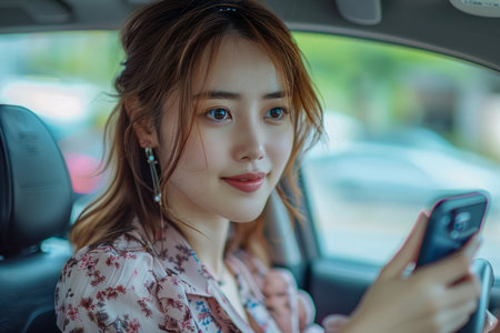 Young Asian Woman Looking at Smartphone While Sitting in Car, Casual Commute, Urban Life, Connectivity on the Go AI Generativeの素材