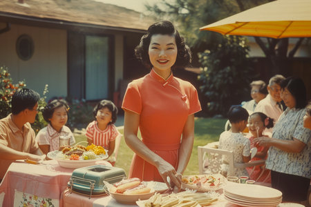 Vintage Family Gathering Outdoors with Smiling Woman Serving Food at Sunny Backyard Party AI Generativeの素材