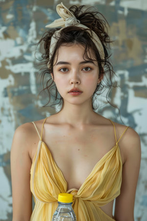 Young Woman with Unique Hair Accessory and Yellow Dress Posing with Neutral Background AI Generativeの素材