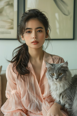 Elegant Young Woman in Pastel Blouse Posing with Fluffy Grey Cat in Serene Home Interior with Artistic Decor AI Generativeの素材