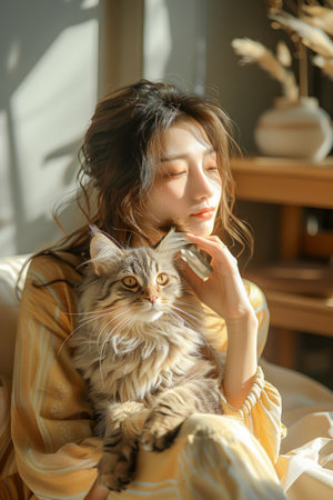 Tranquil Woman in Sunlit Room Enjoying Peaceful Moment with Fluffy Maine Coon Cat Cozy Lifestyle Concept AI Generativeの素材