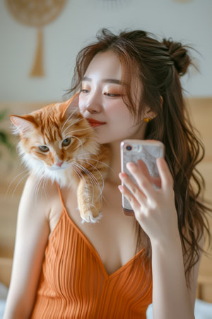 Smiling Young Woman Holding Ginger Cat and Smartphone at Home, Casual Lifestyle Concept with Pets, Cheerful Female with Mobile Phone and Furry Friend AI Generativeの素材