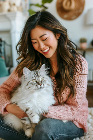Smiling Young Woman in Cozy Home Environment Enjoying Time with Her Fluffy Siberian Cat AI Generativeの素材