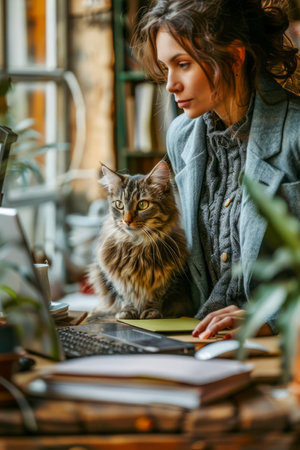Young Woman Working on Laptop at Home with Her Fluffy Cat Companion in a Cozy Environment Surrounded by Plants AI Generativeの素材