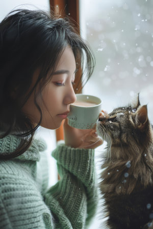 Young Woman in Cozy Sweater Enjoying Hot Beverage by the Window on Snowy Day with Fluffy Cat AI Generativeの素材