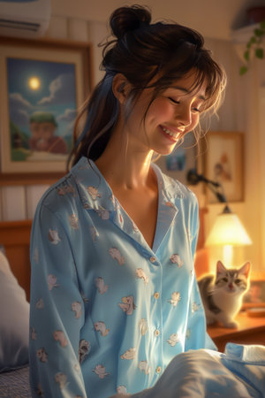 Young Woman Enjoying Cozy Evening Indoors with Pet Cat in Warmly Lit Bedroom Setting AI Generativeの素材